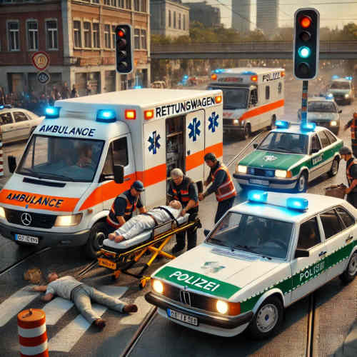 Polizei und Rettungsdient bei einem Einsatz in den 90er Jahren